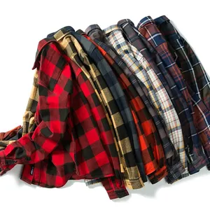 थोक 100% कपास अतिरिक्त हैवीवेट काले, लाल विंटेज वसंत शरद ऋतु सर्दियों लंबी आस्तीन के लिए भैंस प्लेड फलालैन शर्ट पुरुषों
