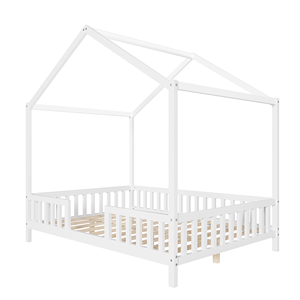 Cama Infantil de Tamaño Completo, Cama <span class=keywords><strong>Montessori</strong></span> de Madera <span class=keywords><strong>Blanca</strong></span> con Techo y Dosel - Product Image 4