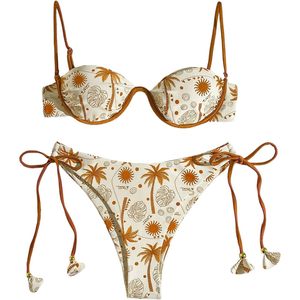 Conjunto de bikini tropical de 2 piezas para mujer FOXA, traje de baño bohemio con tirantes finos y ribete en contraste - Product Image 1