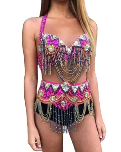 Bellydance Sexy Belly Dance Handmade bead Costume Outfit Set Bra Belt Carnival 2PCS