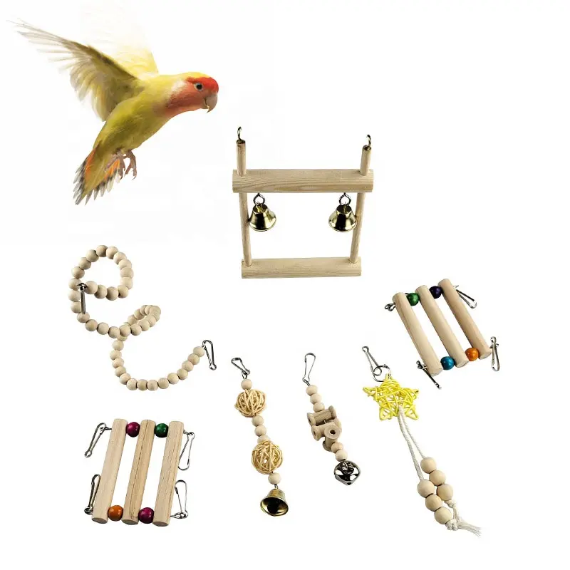 parrot Toys Bird Swing Toys Bells Bird Perch with Wood Beads Bells Hanging flying bird toys