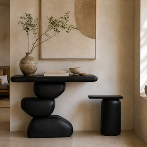 Consolle stretta in legno massello <span class=keywords><strong>nero</strong></span> stile Wabi Sabi moderno per ingresso, corridoio e <span class=keywords><strong>soggiorno</strong></span> (uso villa) - Product Image 2