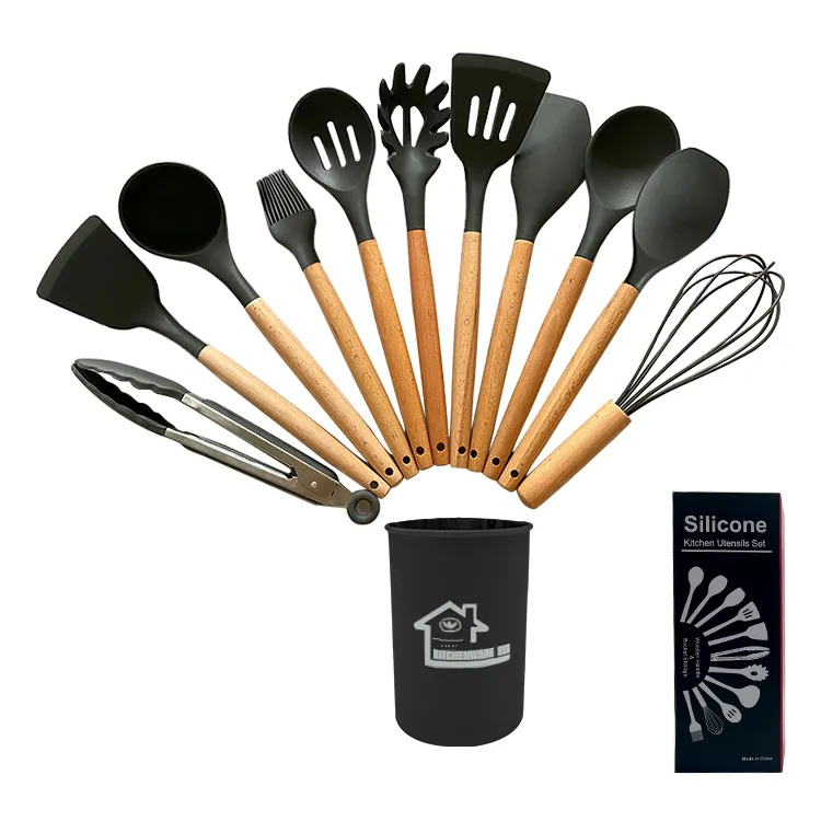 Conjunto de utensílios de cozinha de silicone com alça de madeira, colheres resistentes ao calor, conjunto de utensílios de cozinha pretos com suporte, espátulas, utensílios de cozinha