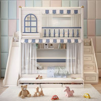 Lit superposé princesse blanc crème pour enfants avec toboggan, rangements, escaliers, tiroirs, baldaquin, fenêtre cintrée, mobilier de chambre gris bleu, barrière de sécurité