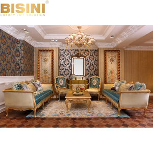 BISINI Elegante di Lusso In Legno Intagliato Divano Lungo, Oro Dipinto Tessuto Rosso Divano <span class=keywords><strong>Mobili</strong></span> di Design per Soggiorno - Product Image 3