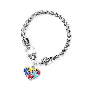 Autistic Awareness Chain Bracelet with Autism Puazzle Pendant Antique Silver Plating for Gift Bangle Chain