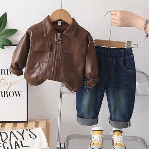 2026 New Boys Spring Autumn Clothing Set Stylish Lapel Faux <strong>Leather</strong> <strong>Jacket</strong> With Square Pocket Two Piece Outfits for Baby Kids - Product Image 2