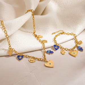 Collar de Acero Inoxidable para Mujer, Colgante de Ojo de Hamsa en Forma de Corazón, Cadena de Clavícula Chapada en Oro, Conjunto de Joyería de Moda SL41640 - Product Image 2