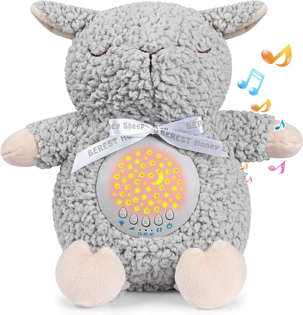 Custom Baby Sleep Soother Projector Night Light Auto-Off Timer Musical Gray Sheep Plush Toy White Noise Heartbeat Shushing