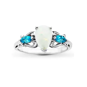 Elegant Jewelry Sterling Silver Hollow Marquise Blue Topaz & Water Drop Nature White Opal Stone Engagement Ring