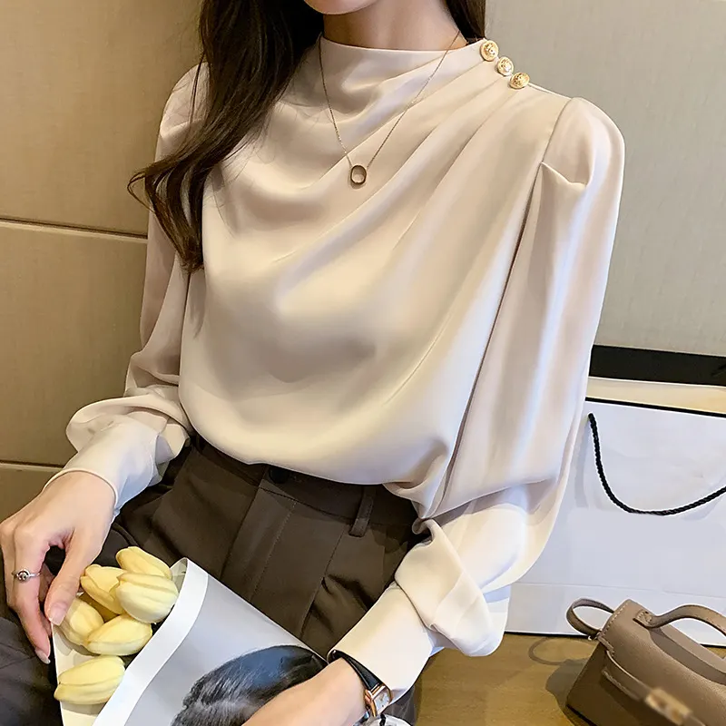 Vente en gros de nouvelle chemise ample femme élégante de haute qualité P décontractée pour femme hauts à manches longues en soie bureau dames col montant Blouse