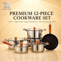 ZHEN NENG Edelstahl-Topfset 12-teilig, Kochtopf-Kollektion, Bratpfanne, Milchtopf mit Glasdeckeln, 3-Schicht-Boden, Fabrik-OEM