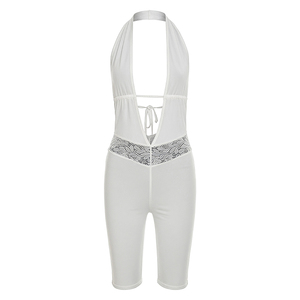 Viviblook J26JP216 Mono de verano para mujer, sexy, sin mangas, con cuello halter, espalda descubierta, con cordones, cuello en V profundo, cintura con patchwork de encaje, de una pieza - Product Image 5