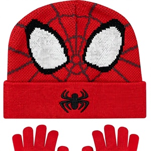 Conjunto de 2 Piezas de Gorro y Guantes de Invierno para Niños, Diseño de Superhéroe Araña, Tejido Jacquard, Gorro Térmico Cálido para Niños y Niñas - Product Image 1