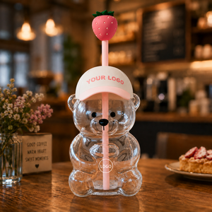 Tazza Personalizzata <span class=keywords><strong>in</strong></span> <span class=keywords><strong>Vetro</strong></span> Trasparente a Forma di Orsacchiotto con Coperchio, Nuovo Design, Tazza <span class=keywords><strong>da</strong></span> Caffè <span class=keywords><strong>in</strong></span> <span class=keywords><strong>Vetro</strong></span> <span class=keywords><strong>Borosilicato</strong></span> con Motivo Fragola - Product Image 4