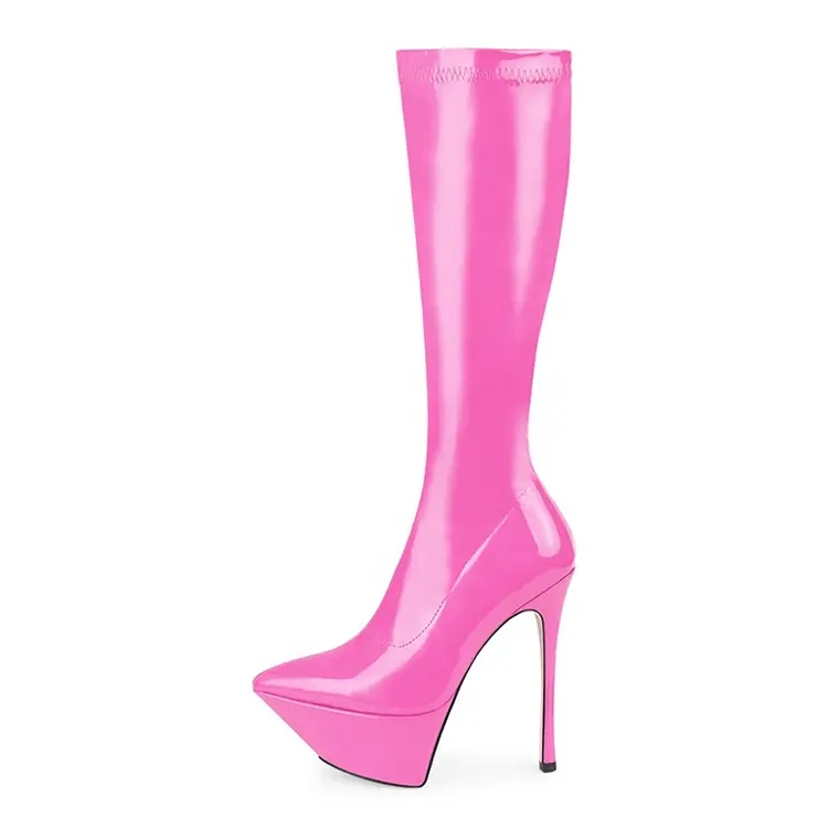 Hot Pink Fancy Girls Thin tacón alto pantorrilla botas charol pu elástico puntiagudo punta mujeres botas de plataforma