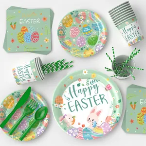 Easter Bunny Themed Decoration Supplies Einweg Papp teller Pappbecher Flag Party Geschirr Set