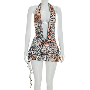 Viviblook D26DS066 Women Summer Dress New Casual Sexy Leopard <b>Print</b> Halter Swinging V Neck Backless <b>Mini</b> Dress - Product Image 3