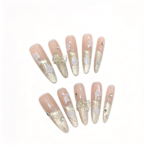 Ongles à presser de qualité supérieure, or pailleté ombré, nœuds translucides 3D et motifs floraux blancs, élégants ongles de mariée style féerique, vente en gros - Product Image 2