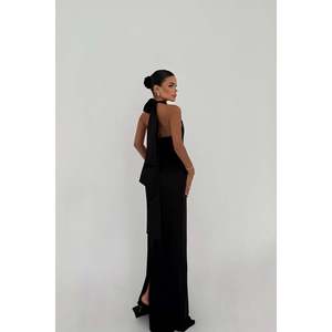 Vestido de Noche Largo Elegante de Satén Negro para Mujer, con Cintura Imperio, Estilo Línea A, Vestido de Gala para Eventos - Product Image 1