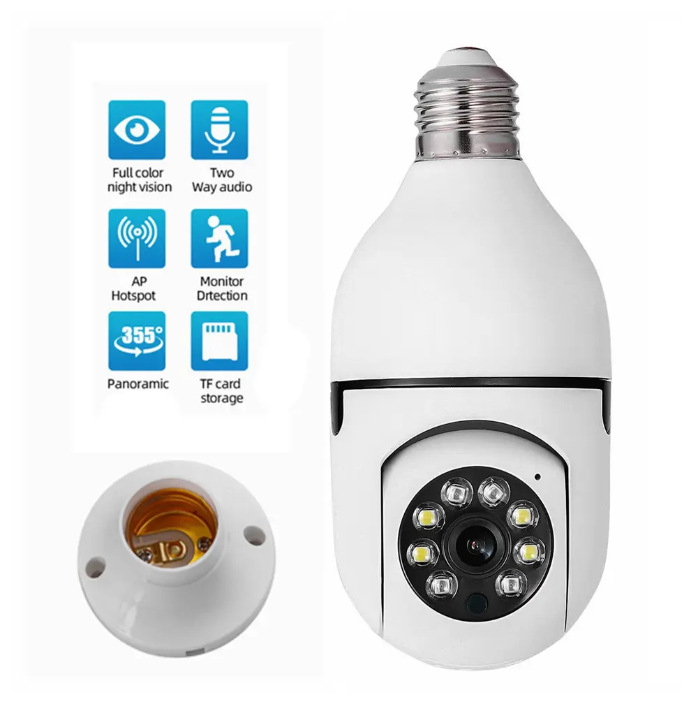 E27 Kamera IP Nirkabel, WiFi 1080P Lampu Panorama PTZ Keamanan Rumah CCTV 360 Derajat Kamera Bola Lampu