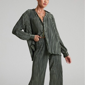 Nuevo Diseño, Venta Caliente, Ropa de Lino Otoñal, Camisa Informal Modesta, Pantalones de Cintura Alta, Traje de Dos Piezas de Lino a Rayas para Mujer - Product Image 3