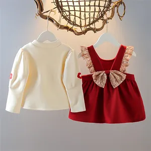 אופנה מעצבי ילדים להלביש נסיכת Bowknot שמלות חורף קטיפה חג המולד 2Pcs תלבושת חליפה