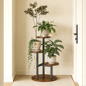 3단 목재 및 금속 화분 스탠드, 소박한 스타일의 바닥형 화분 받침대 (실내, 가정, 발코니용) - Product Image 2