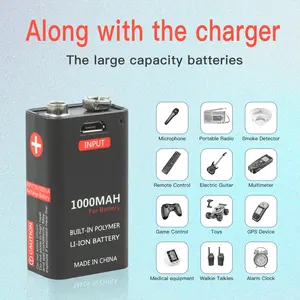 9V 1000mah 800mah 500mah मिनी यूएसबी रिचार्जेबल बैटरी मल्टीमीटर के लिए माइक्रो यूएसबी चार्जिंग पोर्ट के साथ साधन