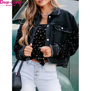 Dear-Lover Fast Shipping Wholesale Sequin Sleeve Pocketed Raw Hem Denim Jacket For Women