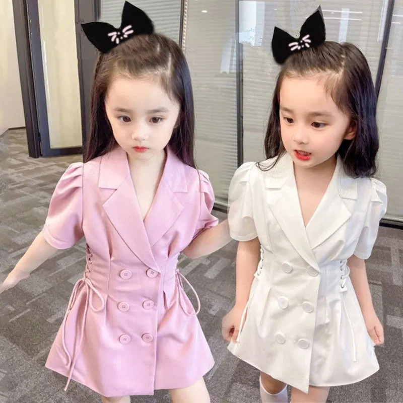 2022 Fashion Baby Kids Girls Summer Clothes Two Solid Color Short Sleeve Lapel Button Children Girls Short Coat Model