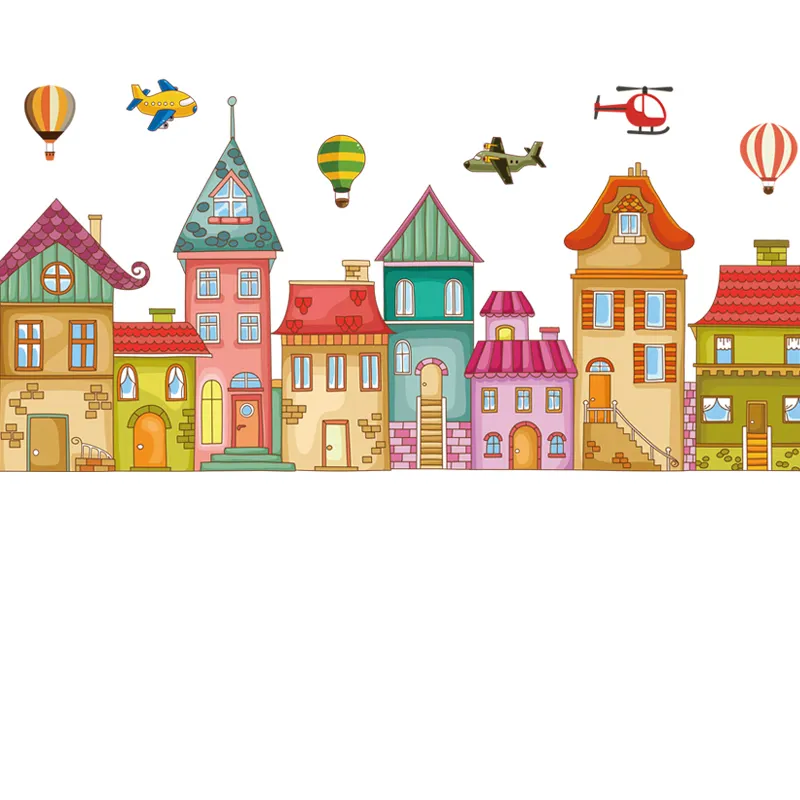 Cartoon Airplane Castle Small Town Sticker PVC Removable Wallpaper For Kindergarten Classroom Children's Room Decor Wall Decal