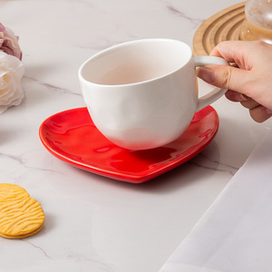 Chaozhou White <b>Coffee</b> <b>Cup</b> With Red <b>Saucer</b> Set Solid Color Durable Home Use - Product Image 1
