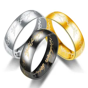 תכשיטים מקסימים 6 מ""מ רוחב סרט לורד הטבעת טבעת מוסלמית פלדה טיטניום טבעת מוסלמית 18K מצופה זהב נירוסטה טבעת מוסלמית לגברים