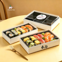 Boîtes d'emballage alimentaire carrées jetables en bois, imprimées UV, biodégradables, pour restaurants, sushis, desserts, déjeuners et bento (motif éléphant et oiseau)
