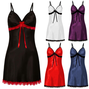 Camisón Sexy de Satén de Poliéster/Algodón con Cuello en V para Mujer, Transpirable, con Cintura Elástica, para Verano e Invierno - Product Image 1