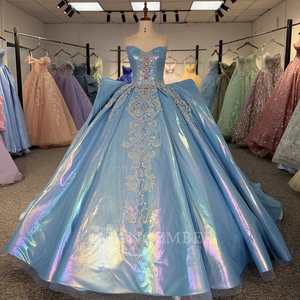 ชุดเดรสสีฟ้าสำหรับงาน Quinceanera ฉลองอายุ 15 ปี ประดับดอกไม้หลากสีสัน แต่งเลื่อมสีน้ำเงิน ประดับลูกปัด ผ้าลูกไม้ ชุดราตรีสำหรับงานปาร์ตี้ Dy1371 - Product Image 2