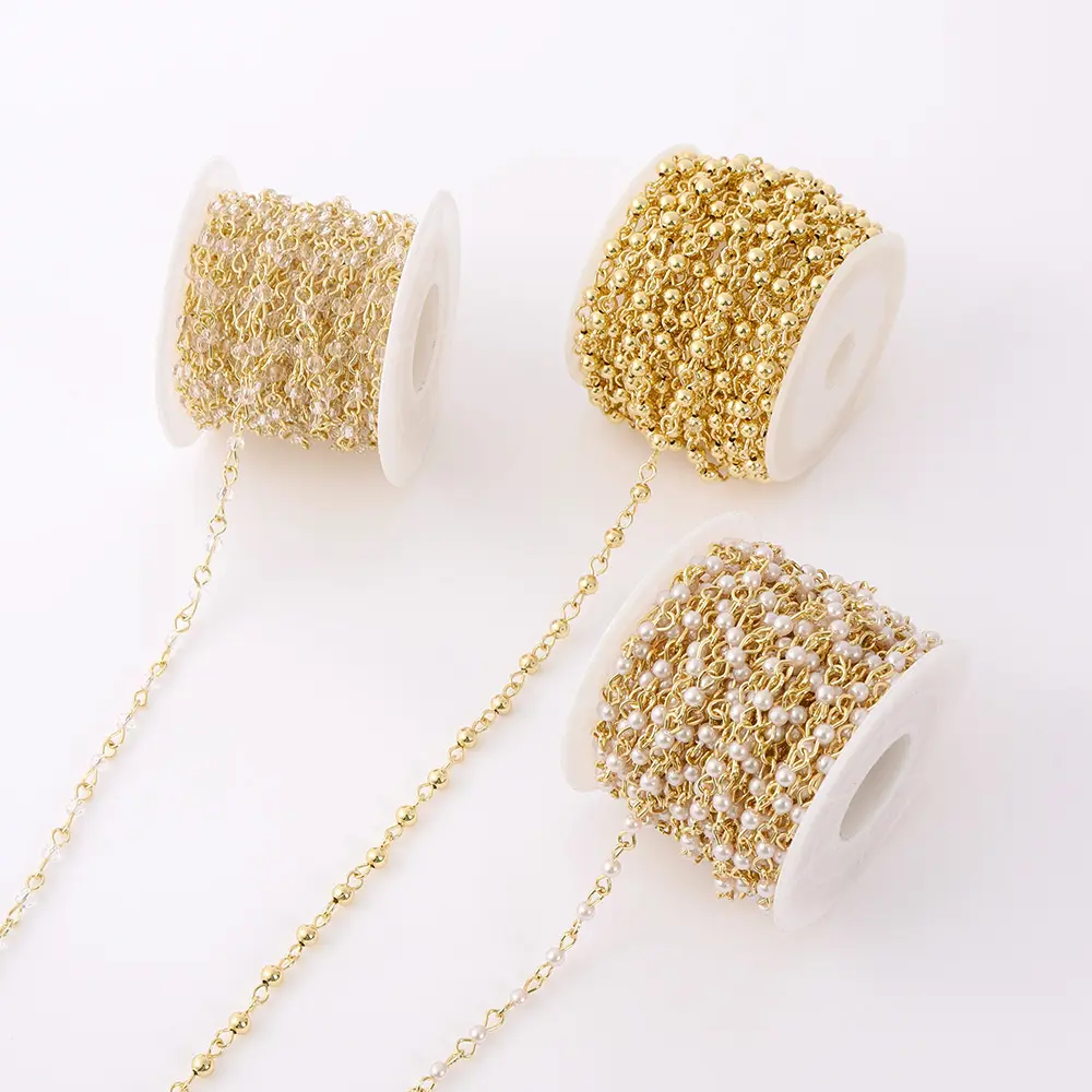 Catena del rosario placcata oro 18 carati di vendita calda sfere in ottone perle collegate catena collegata e perline di cristallo trasparente