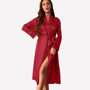 Offre Spéciale à manches longues robe de chambre couleur unie Satin soie chemise de nuit robes du matin pour les femmes