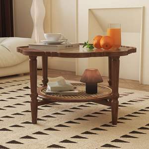 French Retro <b>Solid</b> <b>Wood</b> Round Coffee <b>Table</b> Glass <b>Top</b> Petal Shape Living Room Side <b>Table</b> New Style - Product Image 2