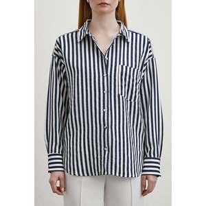 Camisa de Popelina a Rayas para Mujer, Azul Marino, Casual, con Botones, para Uso Diario - Product Image 3