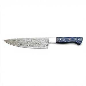 Cuchillo de Cocina de Acero de Damasco Modelo Personalizado WLX-568 de Welltrox Industries, Hoja de Punta Caída, Mango Azul, Borde Recto, 12 Pulgadas de Largo - Product Image 1