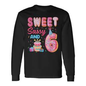 Camiseta de manga larga con tema de donuts de cumpleaños Sweet Sassy And 6, camiseta para niños de 6 cumpleaños - Product Image 1