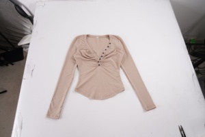 Ruched Bust V Neck Half Button Curved Hem <b>Top</b> Waist Cinching Slim Fit European American Hot Girl Layering Tee - Product Image 6