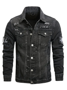 Veste en jean noire pour homme de haute qualité, design unique avec patchwork sur les manches, style streetwear premium, effet usé, 100% HME - Product Image 1