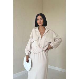 Conjunto de Sudadera y Falda de Punto Luna Beige para Mujer, Transpirable, de Poliéster y Algodón, Conjunto Combinado de Manga Larga, Ropa Casual - Product Image 3