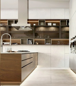 Ensemble d'armoires de cuisine modernes sur mesure avec îlot, service de conception 3D en 12H, armoires de cuisine en grain de noyer pour projets - Product Image 1