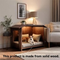 Table d'appoint en bois pour chien à toit incliné, vente en gros d'usine, lit surélevé pour animaux de compagnie d'intérieur avec éclairage d'ambiance intégré et coussin
