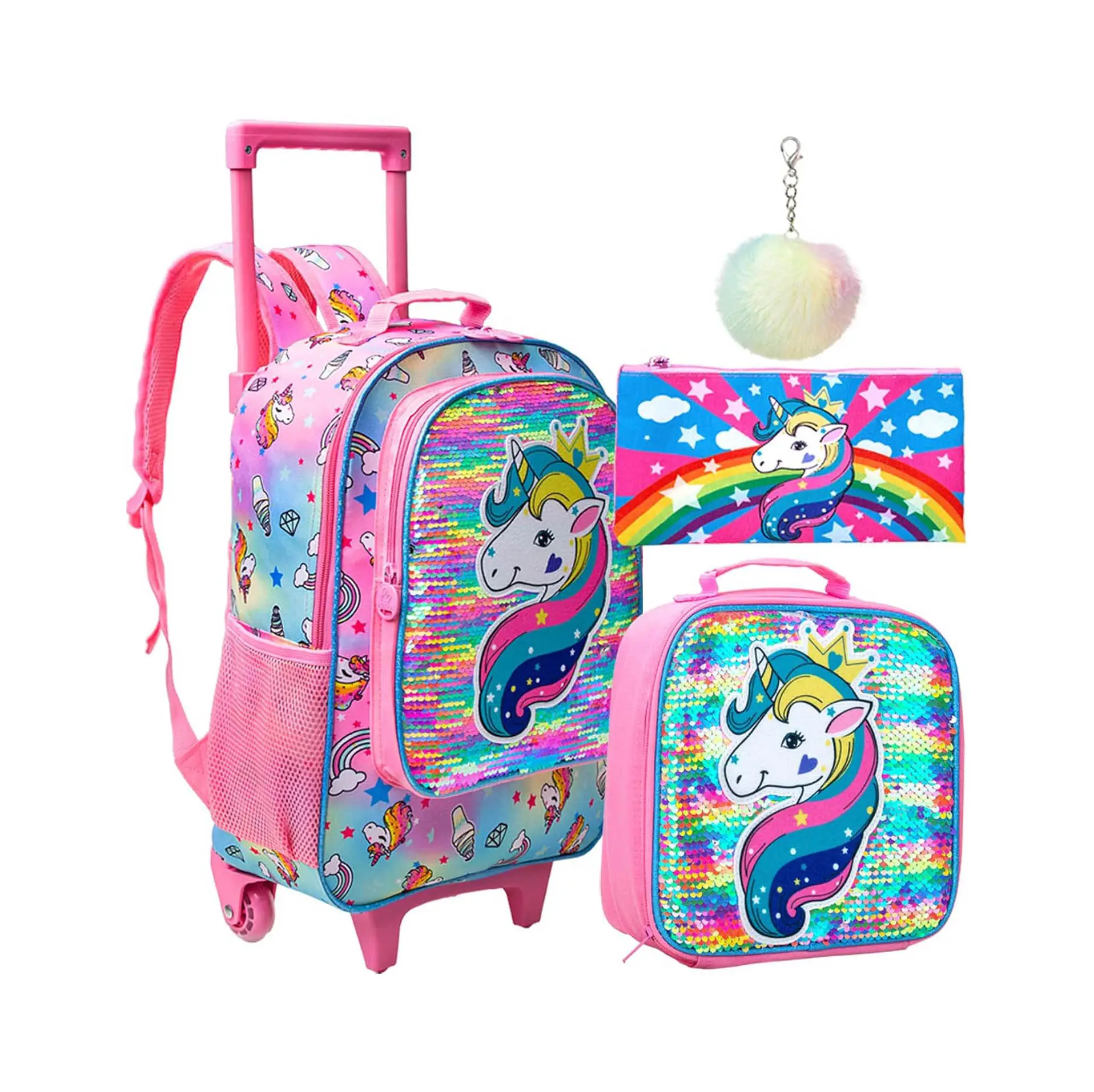 Mochila rodante de dibujos animados de último diseño, bolsa de carrito de unicornio de gran capacidad, bolsa de almuerzo, juegos de mochilas escolares 3 en 1 para niñas