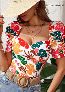 Blusa de Mujer con Estampado Floral, Cuello Corazón, Tejido Sólido, Corte Regular, Elegante, para Fiestas y Uso Casual, Cómoda para Toda Temporada - Product Image 3